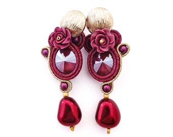 Soutache earrings, burgundy wedding earrings, floral earrings, red rose earrings, bridal flower earrings, bridal floral earrings, pearl drop