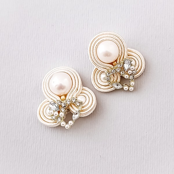 Champagne bridal earrings, soutache earrings, pearl earrings, champagne gold earrings for wedding, boho champagne wedding earrings