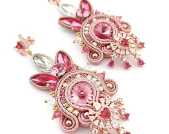 Soutache earrings, Heart earrings, boho bridal earrings, Pink earrings, Valentine's earrings, crystal earrings, prome earrings, boho chicca
