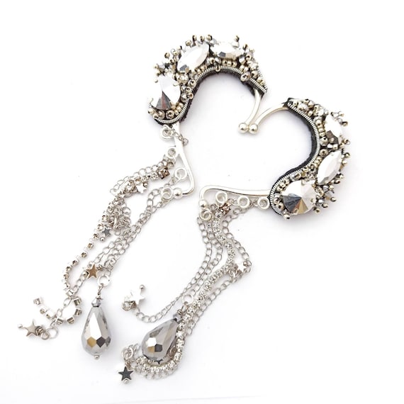Silver Earcuff Crystal Earrings - Etsy display picture 2