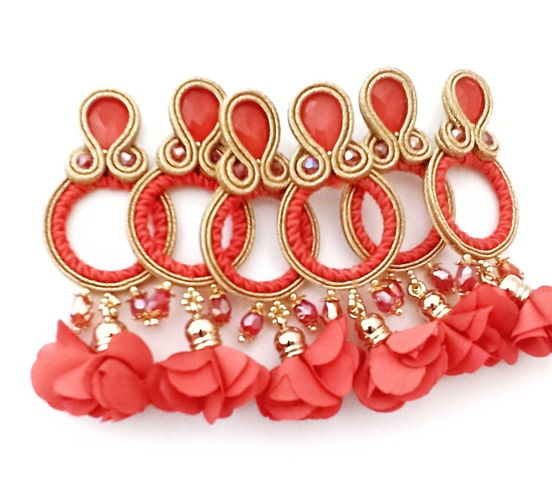 red soutache earrings hoop earrings red red tassel earrings flower tassel red hoop earrings hoop earrings gold hoop clip on earrings