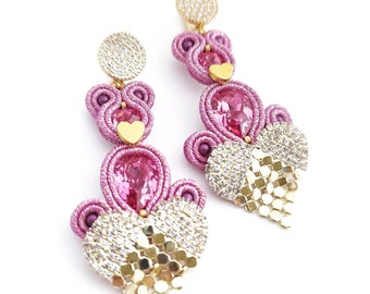 Pink heart earrings, valentines earrings, soutache earrings, engagement earrings, pink dangle earrings, fuchsia earrings, love earrings
