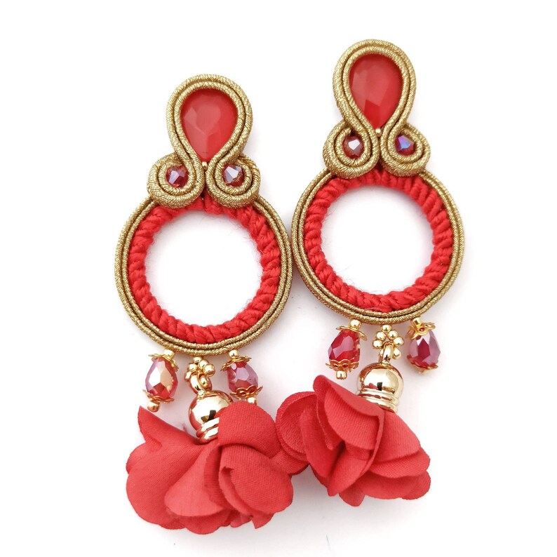 red soutache earrings hoop earrings red red tassel earrings flower tassel red hoop earrings hoop earrings gold hoop clip on earrings
