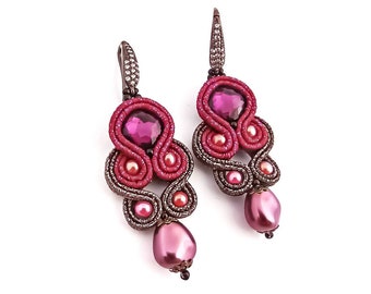 Burgundy earrings for wedding, soutache earrings, pearl earrings, crystal earrings, colorful earrings, burgundy bridal earrings, prom jewels