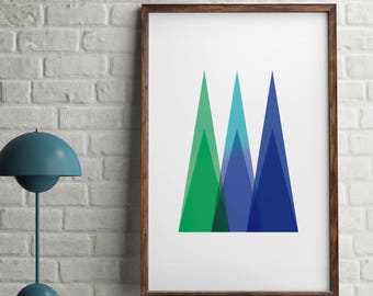 mountain poster, The mountains are calling, modern minimalist, printable wall art, instant download, color print, room decor, Blue, Green