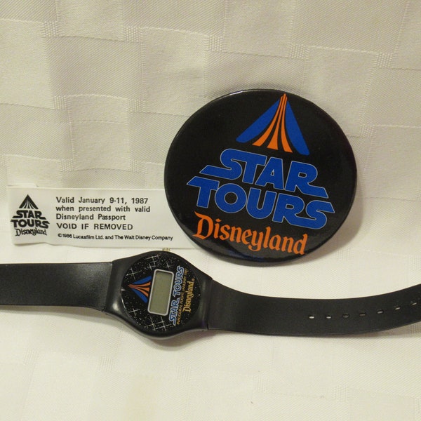 Vintage Disneyland Star Tours Opening Commemorative Watch and Wristband, with Pinback Button