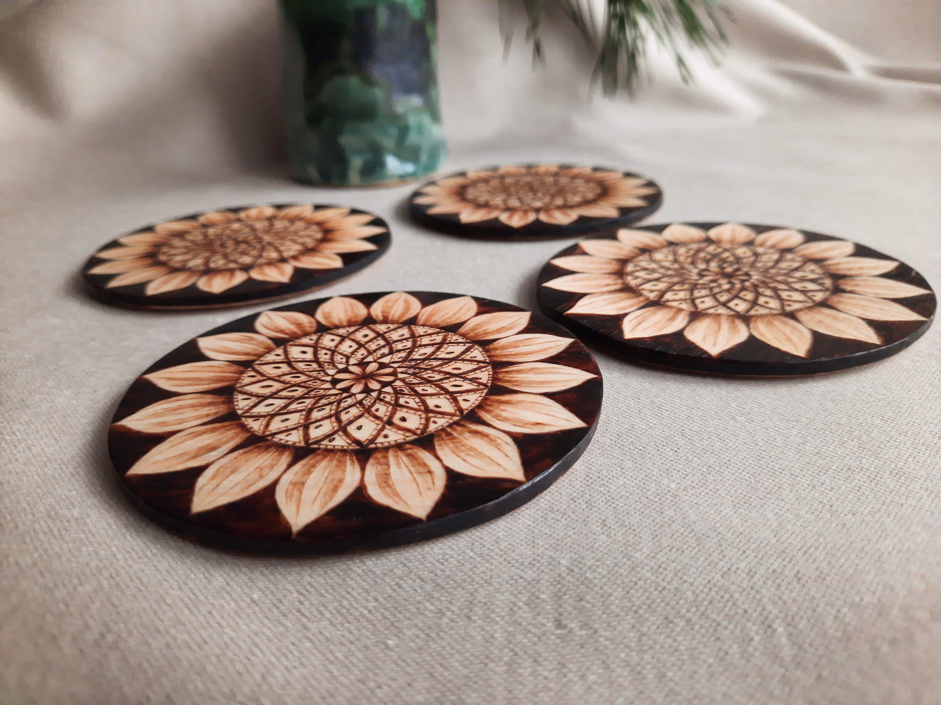 Sunflower Coasters Set, Wooden Floral Coasters, Flower Coasters for Hot