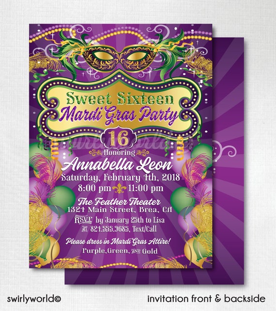Sweet 16 Mardi Gras Masquerade Invitation Mardigras Theme Etsy
