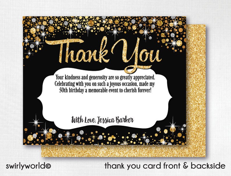 50 and Fabulous Thank You Cards Gold and Black Thank You Etsy