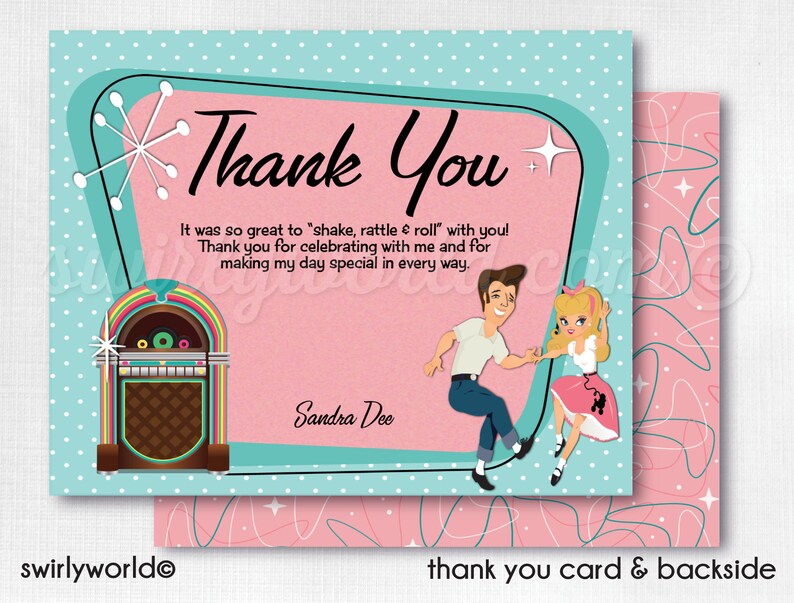 Retro 1950's Thank You Cards Grease 50s Theme Party Etsy