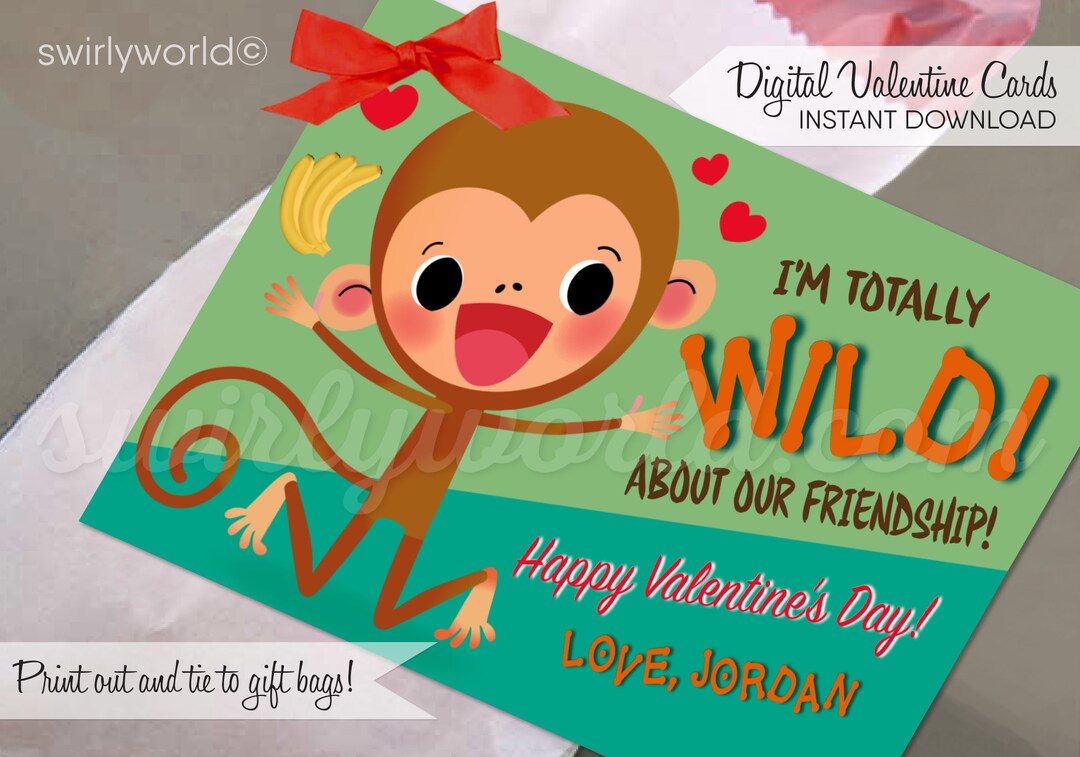 Monkey Wild About You Valentine's Day Cards Cute Monkey - Etsy