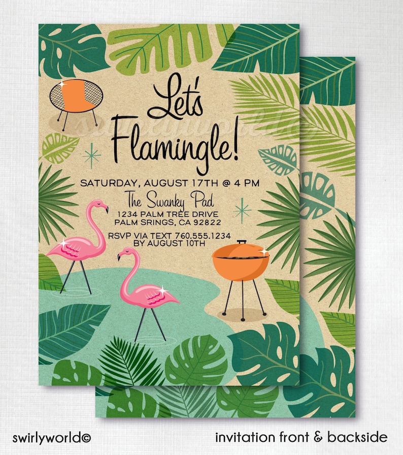 Mid Century Modern Let/'s Flamingle Invitation Mid-century modern summer invite Retro Modern Palm Springs Pool Party Design DI-3050