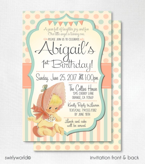 digital vintage 1st birthday invitations retro 1950s first birthday invitations vintage baby 1st birthday invites girl 1st birthday party digital birthday invitations