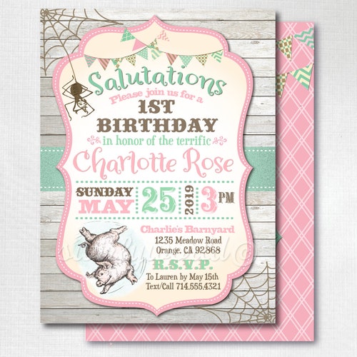Charlotte s Web Invitation Kid Birthday Party Wilbur Etsy