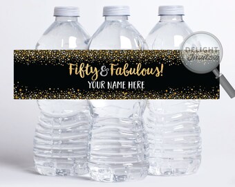 Fifty and Fabulous Birthday Party Water Bottle Labels, 50 & Fabulous Gold and Black Water Labels, Digital 50th Birthday Water Bottles CORJL