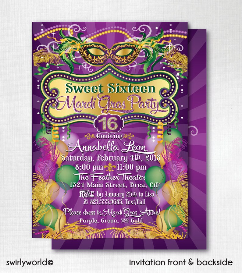 Printed Sweet 16 Mardi Gras Masquerade Invitation Mardigras Etsy