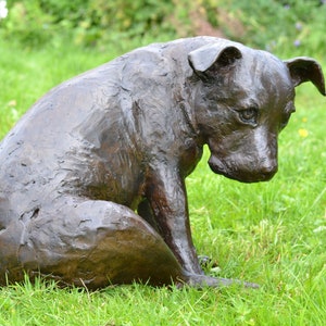 Sitting Staffie Dog Statue | Large Bronze Resin Sculpture | Outdoor Garden Life-Size Animal Art, by Tanya Russell MRBS