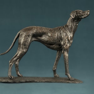 May include: A bronze sculpture of a dog standing on a rock base. The dog is a slender breed with long legs and a long, pointed snout. The sculpture is detailed and realistic, capturing the dog's muscular physique and alert expression.