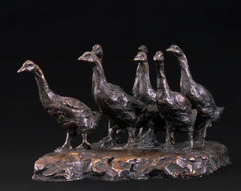 Foundry Bronze Gaggle of Geese Animal Statue | Small Bronze Metal Sculpture | Wildlife Gift Ornament | Geese Art, by Tanya Russell MRBS