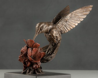 Bronze Resin Hummingbird Statue | Indoor Flying Bird Art | Life-Size Sculpture, by Tanya Russell MRBS