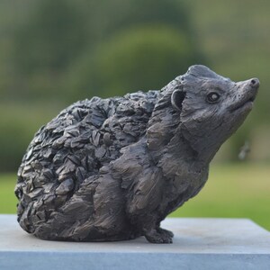 Puede incluir: Escultura de un erizo en bronce. El erizo est&aacute; representado con la cabeza levantada, mirando hacia arriba. La escultura tiene una textura detallada, con p&uacute;as y pelaje visibles. Se encuentra sobre una base rectangular gris.