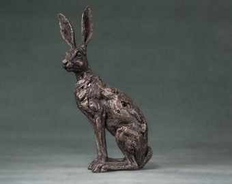 Sitting Hare Animal Statue | Small Bronze Resin Sculpture | Wildlife Hare Gift, by Tanya Russell MRBS