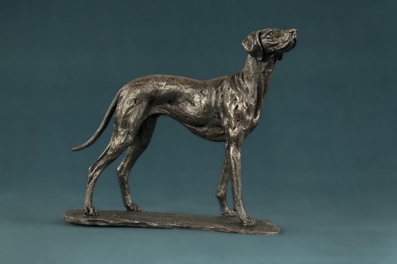 Op de afbeelding: Een bronzen beeld van een hond die op een voetstuk staat. De hond staat in een rennende houding met zijn kop omhoog. Het beeld is gedetailleerd en realistisch.