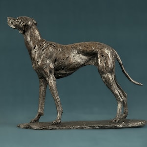 Op de afbeelding: Een bronzen beeld van een hond die op een stenen basis staat. De hond kijkt naar rechts en heeft zijn hoofd omhoog gekanteld. Het beeld is in realistische stijl.