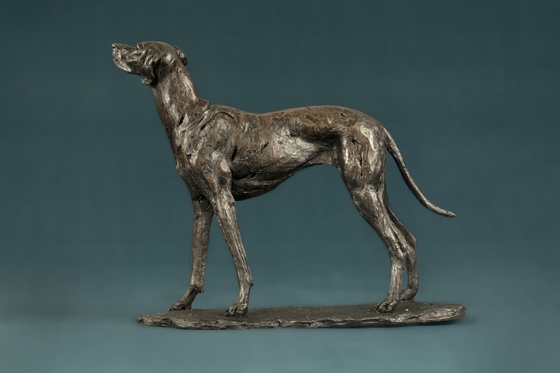 Op de afbeelding: Een bronzen beeld van een hond die op een stenen basis staat. De hond kijkt naar rechts en heeft zijn hoofd omhoog gekanteld. Het beeld is in realistische stijl.