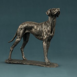 Op de afbeelding: Een bronzen beeld van een hond die op een getextureerde basis staat. De hond kijkt omhoog en heeft een lang, slank lichaam.