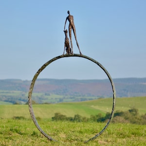 MADE WHEN ORDERED Foundry Bronze &#39;Large Stargazers Ring&#39; Dog and Man on Ring Statue | Large Bronze Metal Sculpture by Tanya Russell