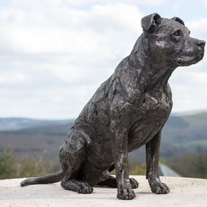 MADE WHEN ORDERED Sitting American Staffordshire Bull Terrier Statue | Large Bronze Resin Sculpture | Outdoor Garden Life-Size Dog Art