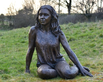 Sitting Girl Statue | Large Bronze Ornament | Bronze Resin Sculpture | Outdoor Garden Life-Size Figure Art, by Tanya Russell MRBS