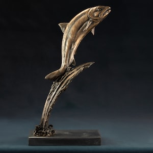 MADE WHEN ORDERED Leaping Salmon Animal Statue | Bronze Resin Indoor Salmon Sculpture by Tanya Russell