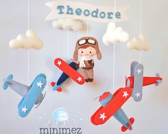 Personalized Airplane baby mobile Vintage planes hanging above crib Travel nursery decor Pilot baby shower gift Adventure cot mobile for boy