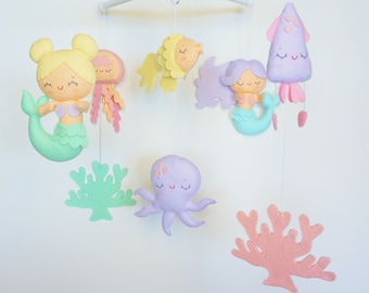 Ocean baby mobile Pastel mermaid nursery mobile Nautical crib mobile Sea live nursery Sea creatures baby shower gift Baby girl mobile