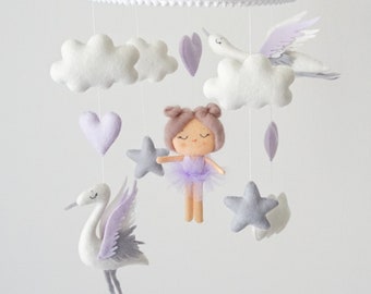 Stork baby crib mobile with cute ballerina Birds hanging above cot Egret nursery decor Heron baby girl shower gift Purple felt cranes