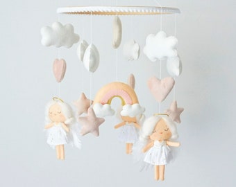 Angel crib mobile with pastel rainbow stars and clouds Pink nursery decor Cute baby shower gift Blush cot moon mobile Newborn girl mama gift