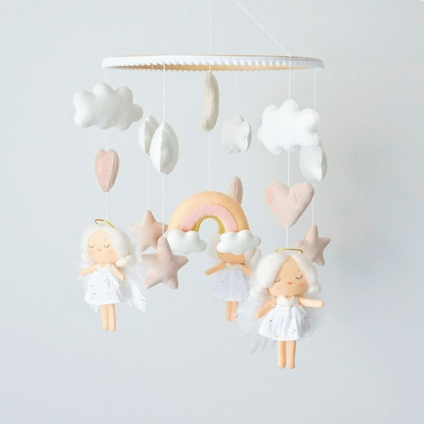 Angel crib mobile with pastel rainbow stars and clouds Pink nursery decor Cute baby shower gift Blush cot moon mobile Newborn girl mama gift