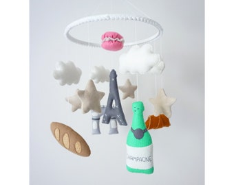 Crib Mobile Paris Baby Shower Gift Travel Theme Hanging Mobile French Nursery Decor Adventure in France Clound and Stars New Mom Gift