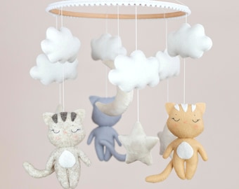 Cat baby mobile Kittens hanging above crib Clouds nursery decor Gender neutral Sky Baby shower gift Stars and moon cot mobile for new parent