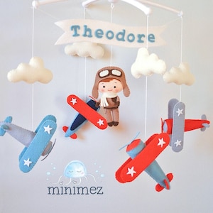 Personalized Airplane baby mobile Vintage planes hanging above crib Travel nursery decor Pilot baby shower gift Adventure cot mobile for boy image 1