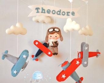 Airplane baby mobile Nursery mobile Cot mobile Crib mobile Felt Pilot Vintage plane Baby mobile boy Airplane nursery decor Baby shower gift