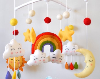 Personalized Rainbow baby mobile Sunshine nursery decor Colorful cot mobile gender neutral Clouds hanging above crib Sky baby shower gift