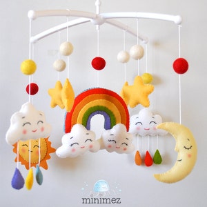 Personalized Rainbow baby mobile Sunshine nursery decor Colorful cot mobile gender neutral Clouds hanging above crib Sky baby shower gift image 1