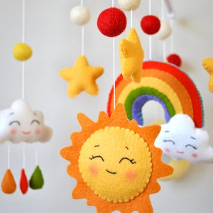 Personalized Rainbow baby mobile Sunshine nursery decor Colorful cot mobile gender neutral Clouds hanging above crib Sky baby shower gift image 5