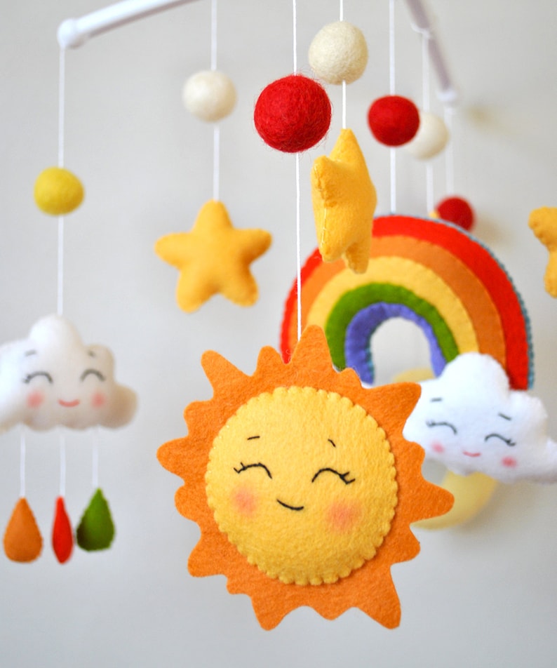 Personalized Rainbow baby mobile Sunshine nursery decor Colorful cot mobile gender neutral Clouds hanging above crib Sky baby shower gift image 5