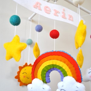 Personalized Rainbow baby mobile Sunshine nursery decor Colorful cot mobile gender neutral Clouds hanging above crib Sky baby shower gift image 3