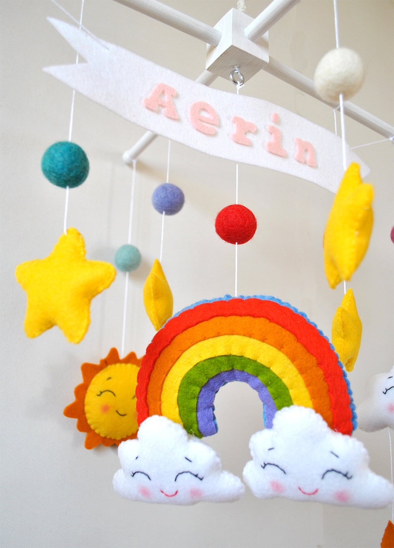 Personalized Rainbow baby mobile Sunshine nursery decor Colorful cot mobile gender neutral Clouds hanging above crib Sky baby shower gift image 3