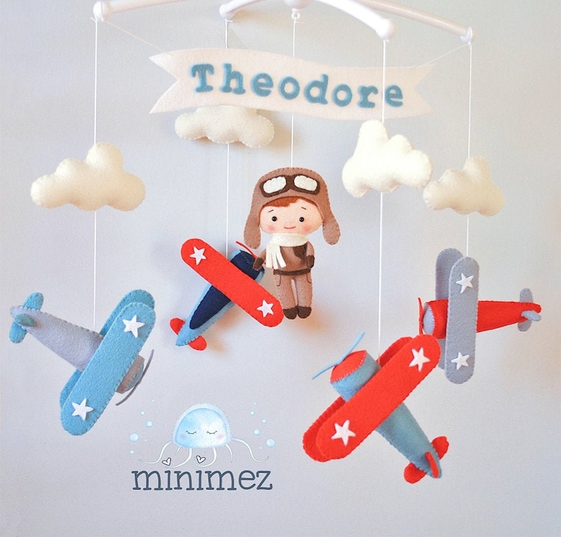 Personalized Airplane baby mobile Vintage planes hanging above crib Travel nursery decor Pilot baby shower gift Adventure cot mobile for boy image 1